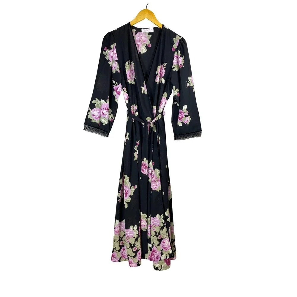 Vintage Oscar de la Renta Pink Label Floral Wrap Robe Rose Chiffon Lace Maxi M